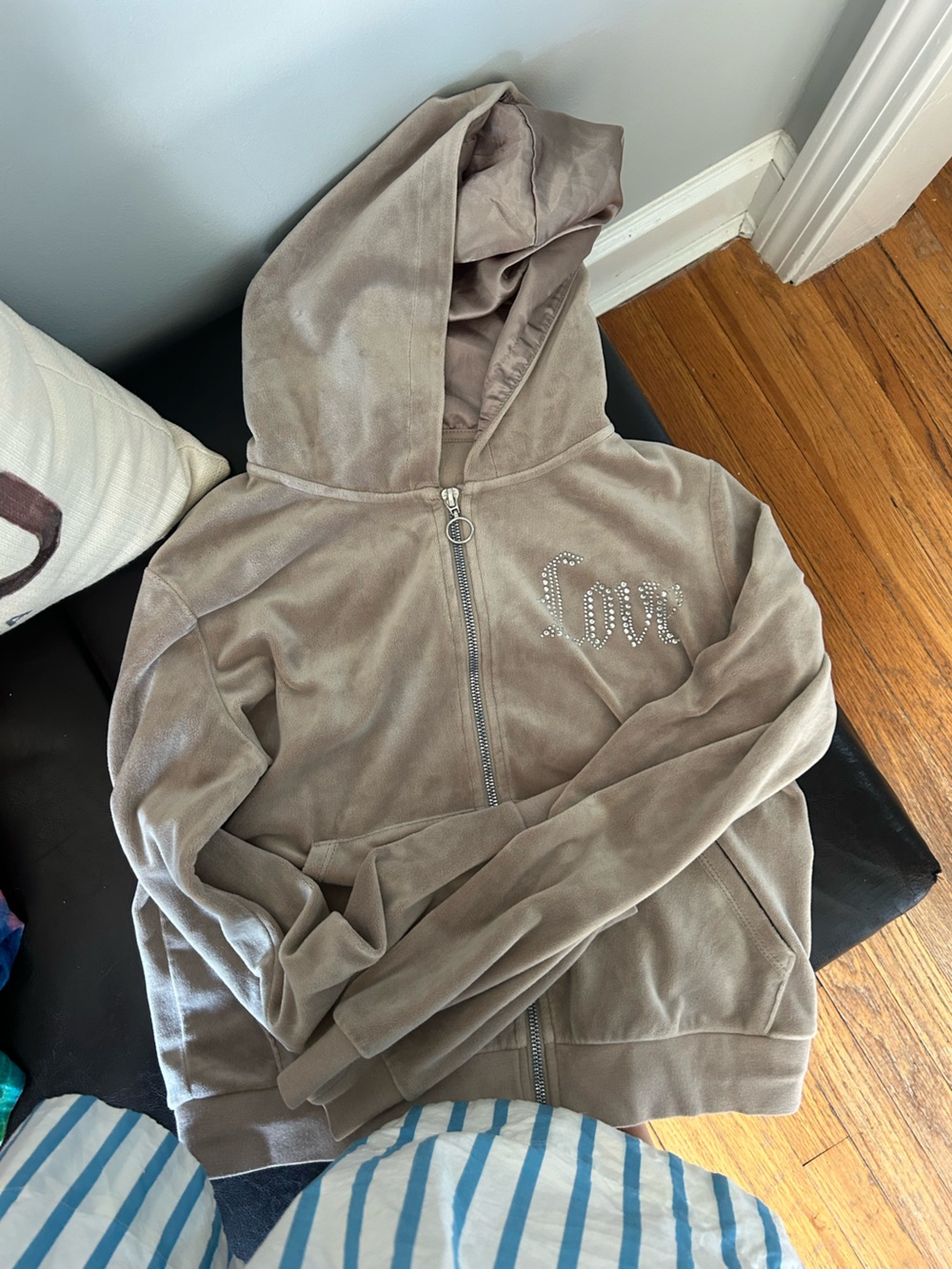 Dex Taupe Hooded Zip-Up Jacket with Rhinestone 'Love'